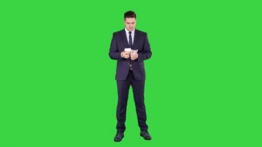 Yakışıklı işadamı Yeşil Ekranda euro sayıyor, Chroma Key.