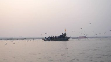 Turistler ile ahşap tekne üzerinde uçan martılar.