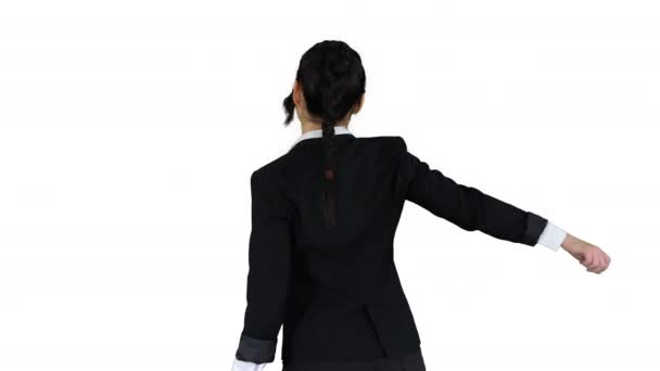 Adorable confident young business woman dancing on white background. — Stock Video