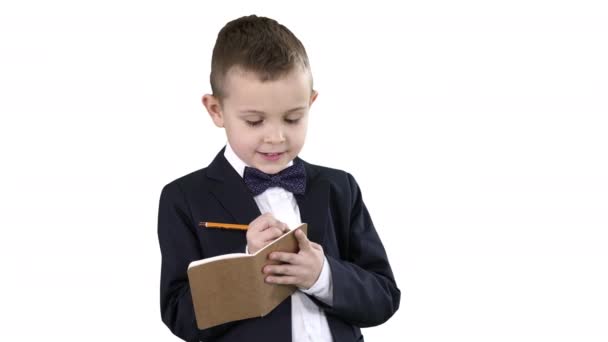 Chlapec ve formálním oblečení v seznamu nebo notebooku na bílém pozadí. — Stock video