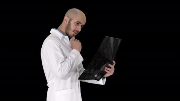 Jonge mannelijke arts die een MRI hersenscan leest en beoordeelt tijdens het lopen, Alpha Channel — Stockvideo