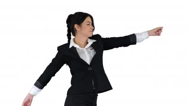 Geschäftsfrau tanzt auf weißem Hintergrund. — Stockvideo
