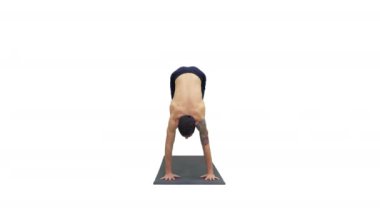 Spor yapan çekici bir genç adam, yoga, pilates ya da spor yapıyor, esneme egzersizleri yapıyor, balıkçıl beyaz arka planda poz veriyor..