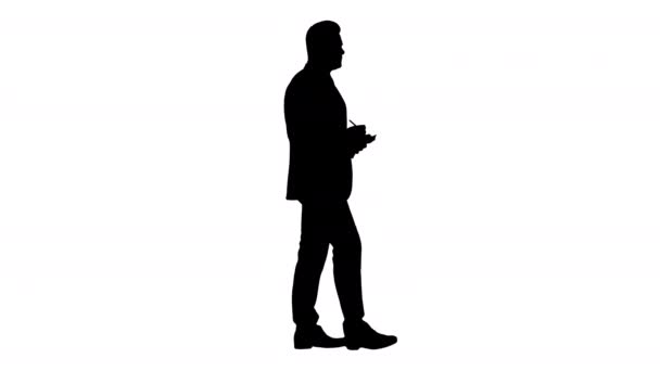 Silhouette Giovane uomo d'affari caucasico positivo camminare e fare checklist. — Video Stock