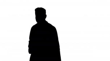 Silhouette Doktor adam, tıbbi profesyonel bir nokta jest yapma ve arka planda bir şey sunma.