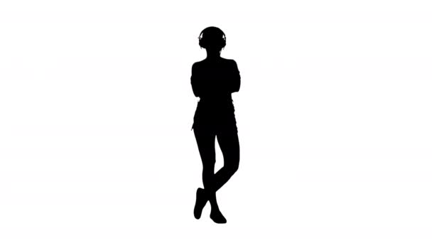 Silhouette Young hispanic woman wearing headphones serious face thinking. — Stock Video