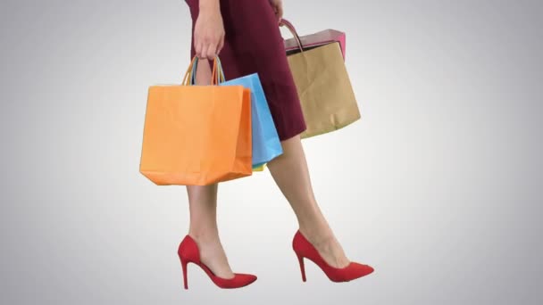 Nohy nákupní dámy s nákupními taškami, Alpha Channel — Stock video