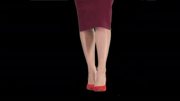 Slim πόδια της γυναίκας φορώντας υψηλή τακούνια παπούτσια Περπάτημα, κανάλι άλφα — Αρχείο Βίντεο