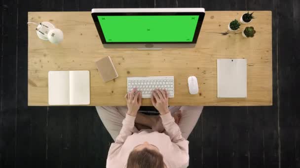 Agréable employée de bureau assise au bureau et travaillant. Affichage de maquette d'écran vert . — Video