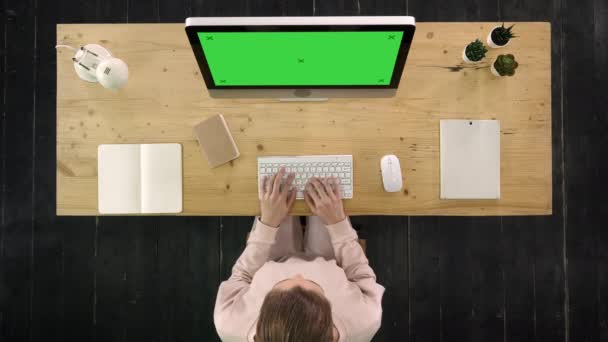 Schöne Frau in lässigem Outfit tippt am Computer. Green-Screen-Attrappe. — Stockvideo