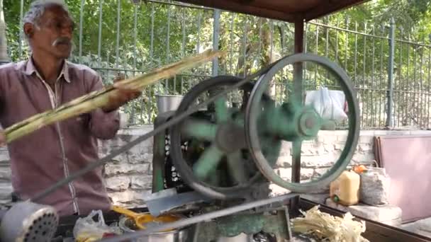 印度贾萨尔默 - 2017年12月20日：人类用甘蔗制作果汁. — 图库视频影像