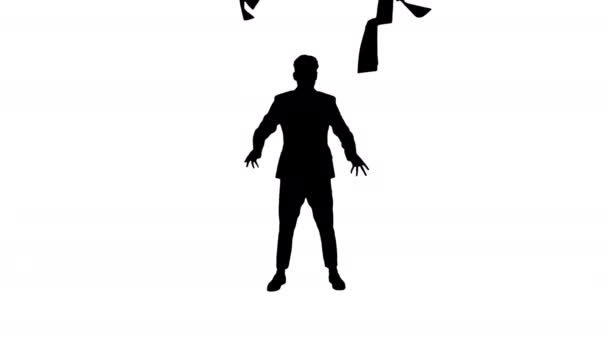 Silhouette Businessman throwing papers in the air and dancing. — Stock Video