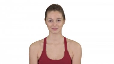 Kafkas kadın yoga meditasyon oturma lotus, elleri beyaz arka plan üzerinde birleştiğinde.