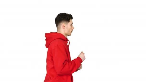 若いヒップホップの男ブレイクダンス白い背景にトップブレイクダンス. — ストック動画