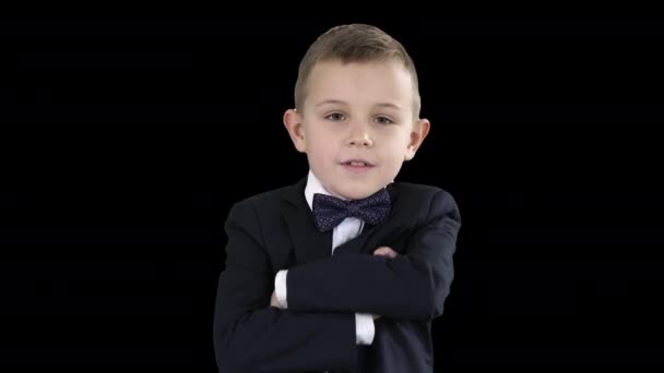 Мальчик скрещивает руки в официальном костюме, Альфа-канал — стоковое видео