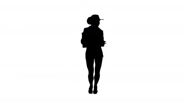 Silhouette Lächelndes hübsches Cowgirl mit leerem Brett und Tanz. — Stockvideo