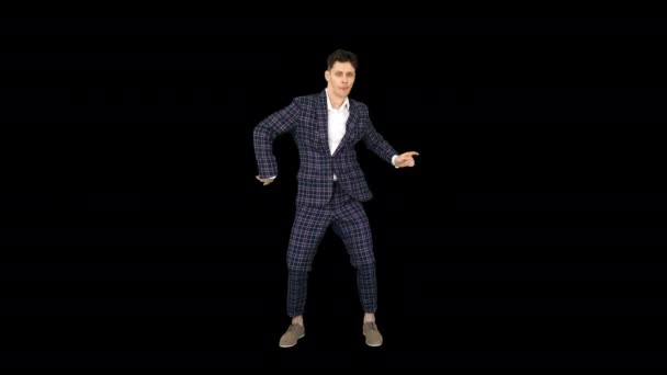 Lycklig framgångsrik affärsman dansar på ett galet sätt, alfakanal — Stockvideo