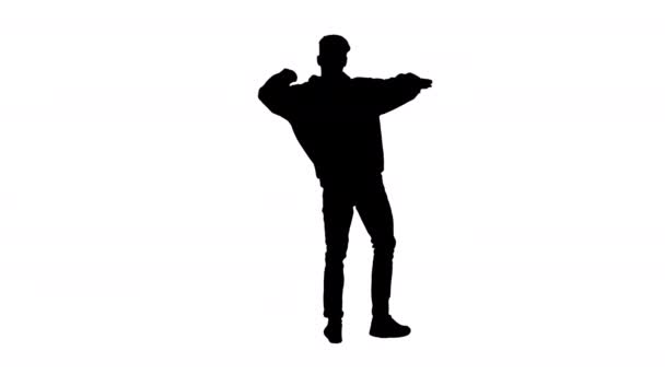 Silhouette Young man dancing hip-hop doing waves. — Stock Video