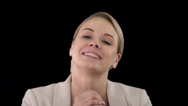 Portrait of happy woman with beaming smile talking to camera, Alpha Channel — Stock Video