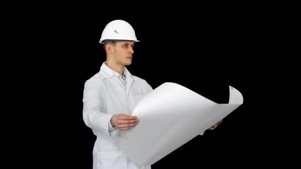 Yakışıklı mühendis, mimar, inşaatçı, işadamı, elinde bir proje tutan beyaz bir kask giyiyor, nesne ve dans bakarak, Alpha Channel — Stok video