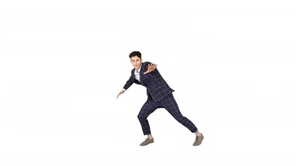 Businessman in suit does break dance moves on white background. — Stock Video