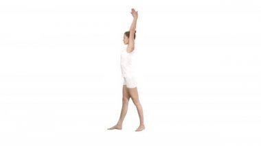 Utthita Trikonasana ayakta yoga sportif genç kadın beyaz arka plan üzerinde poz.