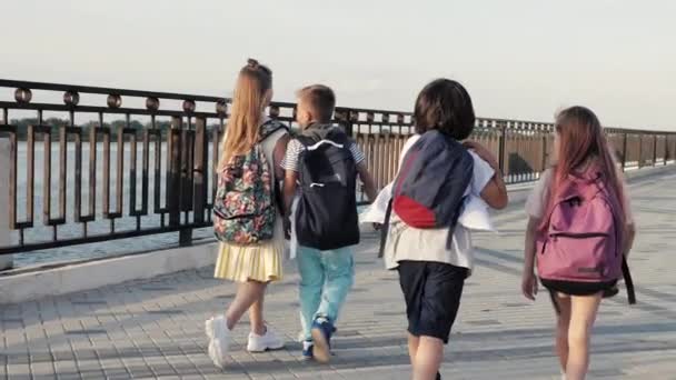 Groep leerlingen met schoolrugzakken gaat terug naar school. — Stockvideo