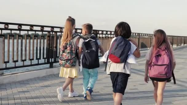 Grupo de alumnos con mochilas escolares regresan a la escuela . — Vídeo de stock