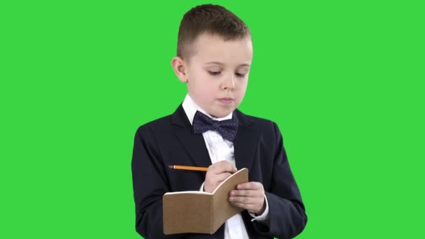 Powrót do szkoły mały chłopiec kładąc pomysły na zielonym ekranie, Klucz chrominancji. — Wideo stockowe