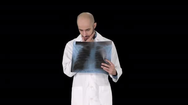 Doktor radiolog hledící na rentgen při chůzi, alfa kanál — Stock video