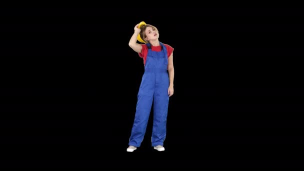 Tired woman in construction clothes after hard working day, Alpha Channel — Stock Video