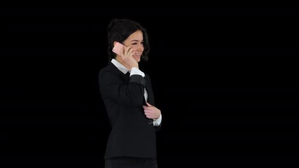 Üzleti nő táncol, miután sikeres hívás, Alpha Channel — Stock videók