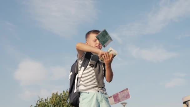 Маленький мальчик делает евро банкноты летать . — стоковое видео