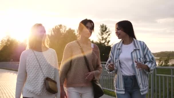 Tři mladé atraktivní ženy, které chodí a mluví na slunci. — Stock video