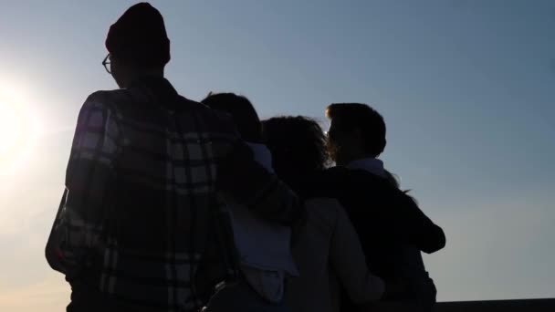 Silhouet groep van gelukkige tieners wandelen in de zon. — Stockvideo