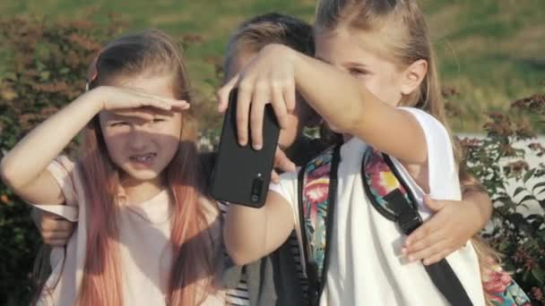 Lindos alumnos tomando una selfie al aire libre . — Vídeos de Stock