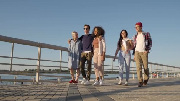 Diverse young smiling friends walking on warm day, having fun together outdoors. — Stock Video