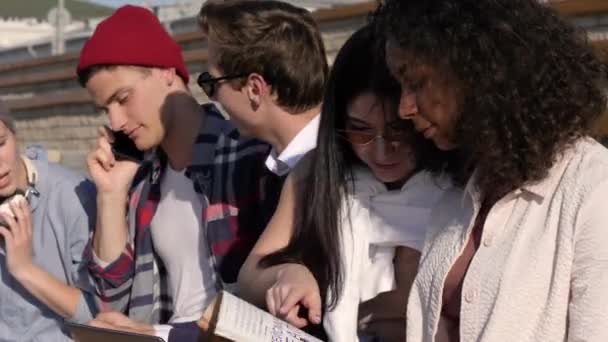 Multi ethnic classmates intending to spend freetime at campus together. — Stockvideo