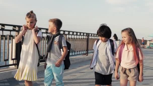 Vier Freunde mit Rucksäcken gehen zur Schule. — Stockvideo