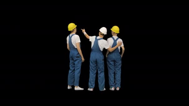 Trabalhadores de pé olhando para o canteiro de obras, Canal Alpha — Vídeo de Stock