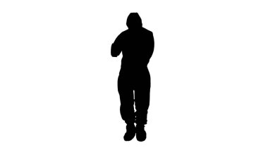 Siluet, koruyucu kıyafetli, dijital tablet kullanan bir erkek doktor..