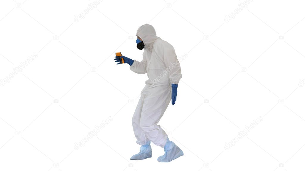 James Bond parody Doctor wearing gloves with biohazard chemical protective suit checking temperature on white background.