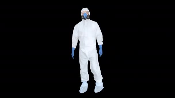 Viroloog Man in Protective Costume controleert de situatie, Alpha Channel — Stockvideo
