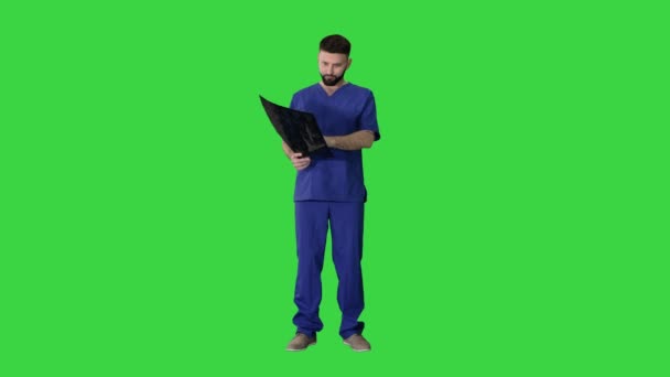 Doktor se dívá na snímek mozku mri na zelené obrazovce, Chroma Key. — Stock video