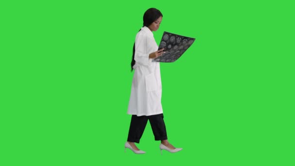 緑の画面、クロマキーを歩いている間、若いアフリカ系アメリカ人女性医師はxrayを見て. — ストック動画