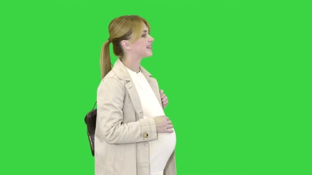 행복 한 건강 한 임신 임신 여성 금발의 백인 여성 크로마 키그린 스크린 위를 걷고 있는 모습. — 비디오
