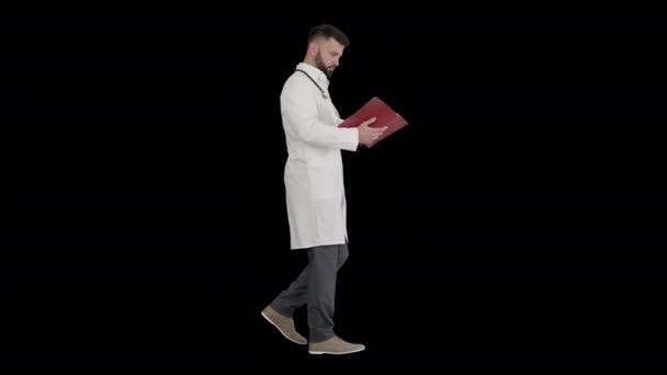 Доктор читает книгу или дневник во время ходьбы, Альфа-канал — стоковое видео