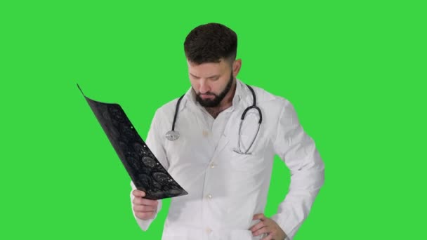 Doctor de Oriente Medio caminando y mirando la exploración ct en una pantalla verde, Chroma Key. — Vídeo de stock