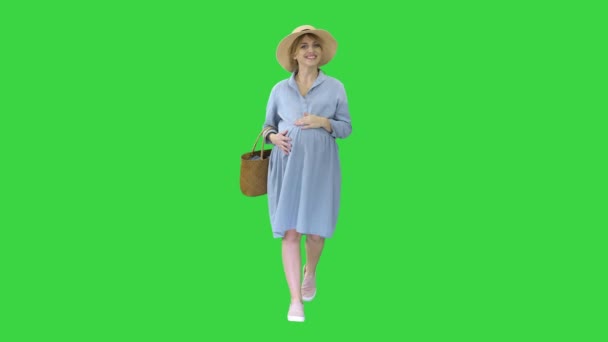 Atractiva mujer embarazada sonriendo y caminando en una pantalla verde, Chroma Key . — Vídeo de stock