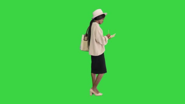 Jolie femme afro-américaine en pull tricoté et chapeau écrit dans son bloc-notes sur un écran vert, Chroma Key. — Video